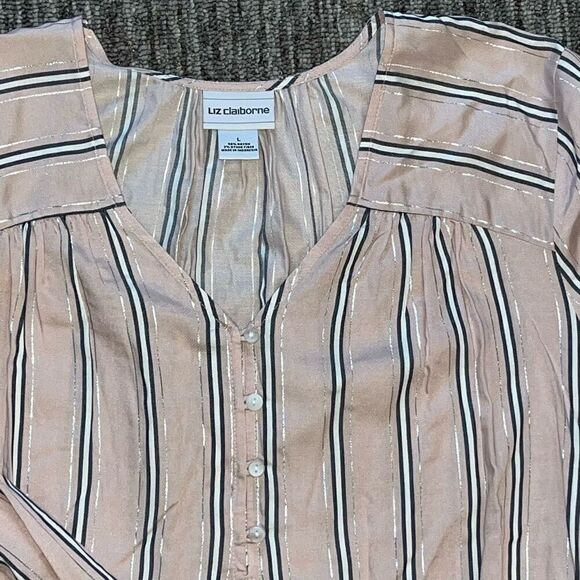 Liz Claiborne Women’s Size Large Striped 1/4 Button V Neck Blouse Pink Silver - Picture 2 of 6